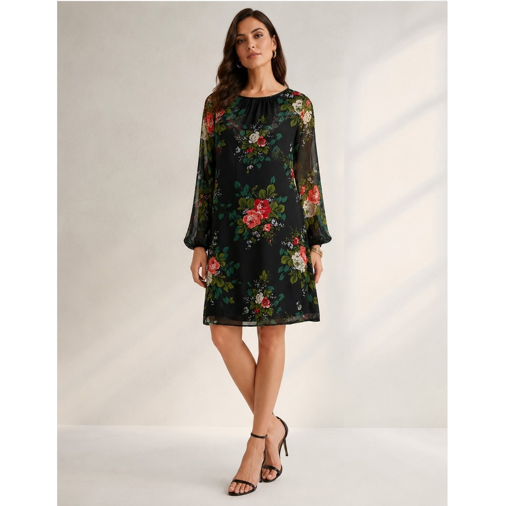 2/$30 LOFT Ann Taylor Dress Sz L Black Floral Chiffon Lightweight Elegant Date‎